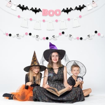 VitalCozy 3 Pcs Halloween Felt Banner 9.83 Ft Pink Boo Banner Halloween Felt Ball Ghost Bat Banner Pre Strung Pom Pom Ball Garlands for Halloween Party Decorations