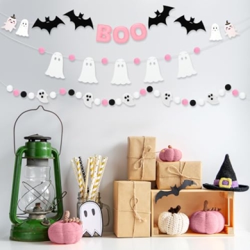 VitalCozy 3 Pcs Halloween Felt Banner 9.83 Ft Pink Boo Banner Halloween Felt Ball Ghost Bat Banner Pre Strung Pom Pom Ball Garlands for Halloween Party Decorations