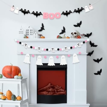 VitalCozy 3 Pcs Halloween Felt Banner 9.83 Ft Pink Boo Banner Halloween Felt Ball Ghost Bat Banner Pre Strung Pom Pom Ball Garlands for Halloween Party Decorations