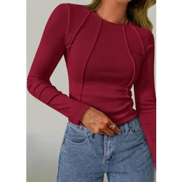 KIRUNDO Women’s Long Sleeve Ribbed Knit Crop Top in Wine Red