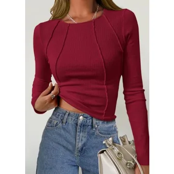 KIRUNDO Women’s Long Sleeve Ribbed Knit Crop Top in Wine Red