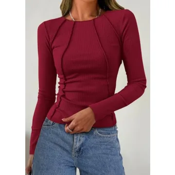 KIRUNDO Women’s Long Sleeve Ribbed Knit Crop Top in Wine Red