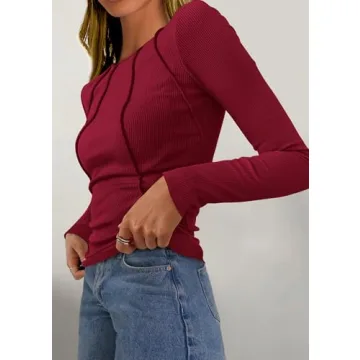 KIRUNDO Women’s Long Sleeve Ribbed Knit Crop Top in Wine Red