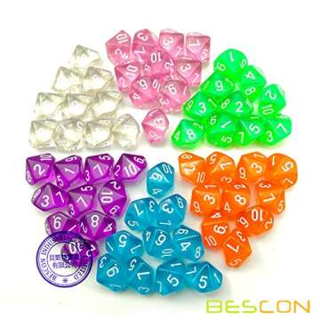 60pcs Assorted Colored Translucent D10 (1-10) Pack, 6X10pcs 10 Sides Dice Transparent Polyhedral Dice D10 Set in Black Velvet Pouch