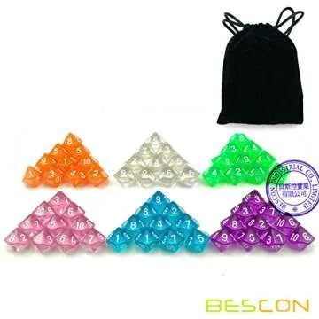 60pcs Assorted Colored Translucent D10 (1-10) Pack, 6X10pcs 10 Sides Dice Transparent Polyhedral Dice D10 Set in Black Velvet Pouch
