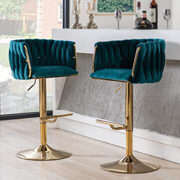 DUOMAY Modern Swivel Bar Stool Set of 1, Velvet Adjustable Height Barstool with Barrel Back Kitchen Island Counter Bar Chair with Golden Base, Teal Green