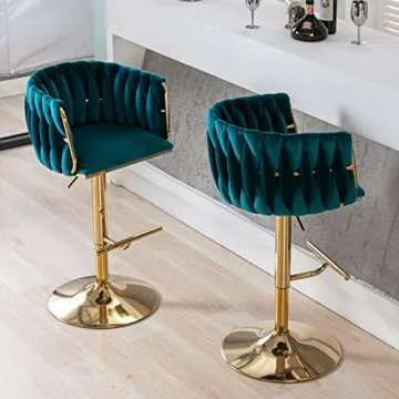 DUOMAY Modern Swivel Bar Stool Set of 1, Velvet Adjustable Height Barstool with Barrel Back Kitchen Island Counter Bar Chair with Golden Base, Teal Green