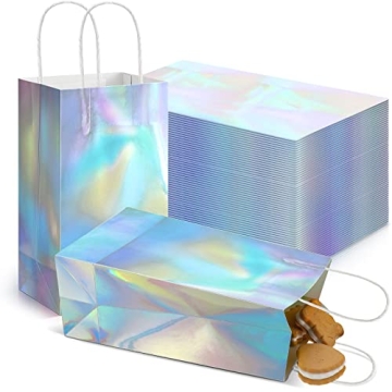 Estune 30 Pcs Iridescent Gift Bags with Handle Holographic Party Favor Bags Glitter Foil Paper Handb...