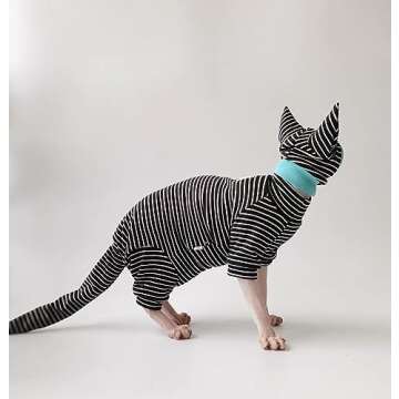 SNIXfever Sphynx Cat Clothes Black Stripe Breathable Shirts Suit, Pet Hat and Shirt Set (X-Large)