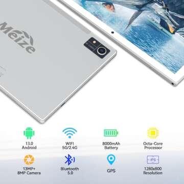 Latest Android 13 Tablet, Octa-Core Processor+128GB+16(8+8 Expand) GB, 10.1 inch Tablet with 8000mAh Battery, 1280x800 HD Screen, 5G WiFi, 21MP Camera, Tablet with Keyboard, Bluetooth, Mouse, Case.