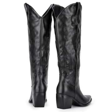 Pasuot Western Cowboy Boots for Women - Black Knee High Wide Calf Cowgirl Boots with Western Embroidered, Slip On Pointed Toe Chunky Heel Fashion Retro Classic Pull On Tall Boot for Ladies Size 7.5