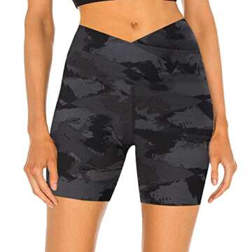 ZOOSIXX 5” Women Cross Waist Workout Shorts, Crossover Black Running Yoga Biker Shorts