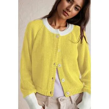 Women's Cropped Cardigan Sweaters Fall Long Sleeve Open Front Cardigans Button Down Color Block Crewneck Knit Outwear Coats Yellow
