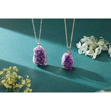 Jovivi Natural Amethyst Cluster Crystal Necklace for Spiritual Healing and Positive Energy
