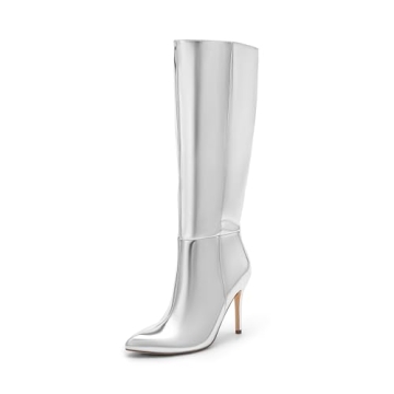 DREAM PAIRS Knee High Boots for Women - Sexy Pointed Toe Stiletto Heels, Silver Patent Size 7.5