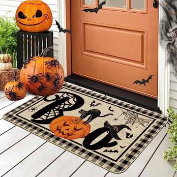 Bonsai Tree Halloween Door Mats 17x29 Inch, Welcome Mats Outdoor - Pumpkins, Black Cat Decorative Fr...