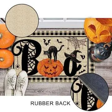 Bonsai Tree Halloween Door Mats 17x29 Inch, Welcome Mats Outdoor - Pumpkins, Black Cat Decorative Front Door Decorations