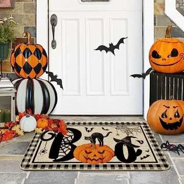 Bonsai Tree Halloween Door Mats 17x29 Inch, Welcome Mats Outdoor - Pumpkins, Black Cat Decorative Front Door Decorations