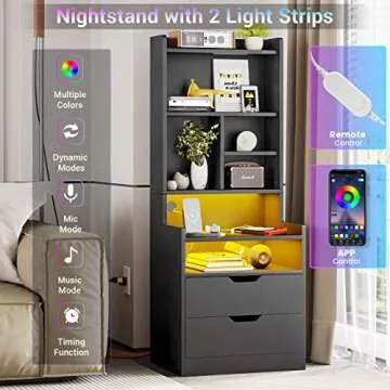 BTHFST Tall Nightstand Set of 2, LED Nightstand with Charging Station, Tall Bedside Table with Shelves and 2 Drawers, Side End Table with LED Lights and Storage, Black