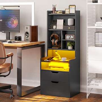 BTHFST Tall Nightstand Set of 2, LED Nightstand with Charging Station, Tall Bedside Table with Shelves and 2 Drawers, Side End Table with LED Lights and Storage, Black