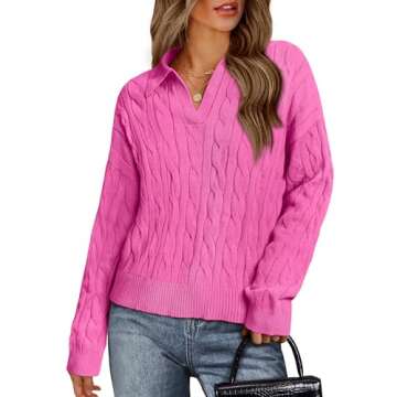 WIHOLL Cute Sweaters for Women Concert Outfits 2024 Fashion Pullover Long Sleeve Ladies Tops V Neck Clothes Basic Casual Going Out Barbie Pink M