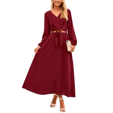 PRETTYGARDEN Women's Fall 2 Piece Outfits Long Sleeve Tie Waist Smocked Cropped Top Midi Skirt Sets ...