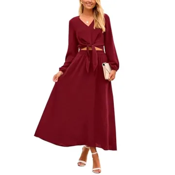 PRETTYGARDEN Women's Fall 2 Piece Outfits Long Sleeve Tie Waist Smocked Cropped Top Midi Skirt Sets ...