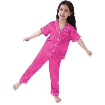 SWOMOG Girls Boys Silk Satin Pajamas Set Button-Down Two-Piece PJs Lounge Sets with Long Pants Rose Red