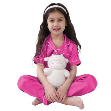 SWOMOG Girls Boys Silk Satin Pajamas Set Button-Down Two-Piece PJs Lounge Sets with Long Pants Rose Red