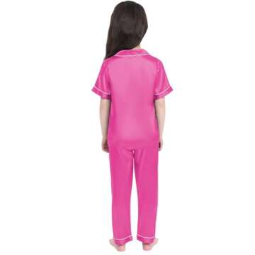 SWOMOG Girls Boys Silk Satin Pajamas Set Button-Down Two-Piece PJs Lounge Sets with Long Pants Rose Red