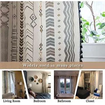 ColorBird Boho Curtains 2 Panels 84 Inch Curtain Geometric Semi-Blackout Light Filtering Window Treatment Cotton Linen with Black Tassel Rod Pocket Drapes for Living Bedroom