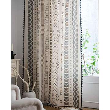 ColorBird Boho Curtains 2 Panels 84 Inch Curtain Geometric Semi-Blackout Light Filtering Window Treatment Cotton Linen with Black Tassel Rod Pocket Drapes for Living Bedroom