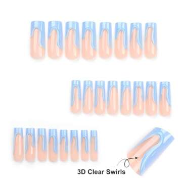 Blue Press on Nails Extra Long - Aegenacess Square Press On Nails, Nude Fake Nails with Glue Sticker, Handmade Stick On Nails 24pcs False Nail in 12 Sizes