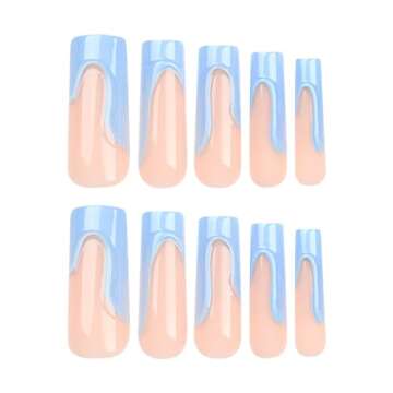 Blue Press on Nails Extra Long - Aegenacess Square Press On Nails, Nude Fake Nails with Glue Sticker, Handmade Stick On Nails 24pcs False Nail in 12 Sizes