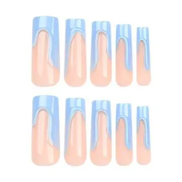 Blue Press on Nails Extra Long - Aegenacess Square Press On Nails, Nude Fake Nails with Glue Sticker, Handmade Stick On Nails 24pcs False Nail in 12 Sizes