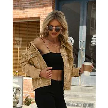 PUWEI Dressy Rivet Studded Denim Jacket for Women Western Distressed Washed Crop Jean Coat(2492-Khaki-XXL)