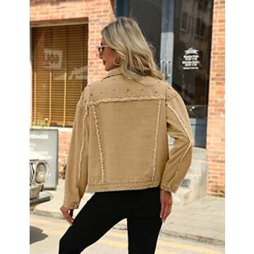 PUWEI Dressy Rivet Studded Denim Jacket for Women Western Distressed Washed Crop Jean Coat(2492-Khaki-XXL)