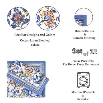 Fingercraft Cotton Linen Floral Napkins Set of 12 for Elegant Dining