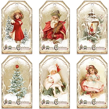 60 Vintage Christmas Tags, Merry Christmas Gift Tags, Retro Xmas Paper Tags with String, Christmas J...