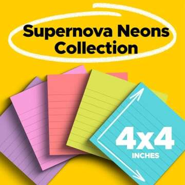 Post-it Super Sticky Lined Notes, 6 Pads, 4 x 4 in., Supernova Neons Collection for School and Offic...