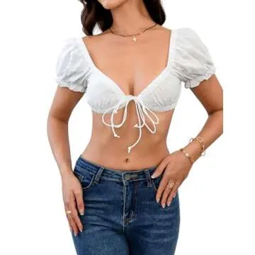 SweatyRocks Women's Sexy Tie Front Crop Top Deep V Neck Puff Short Sleeve Casual Blouse Shirt White S