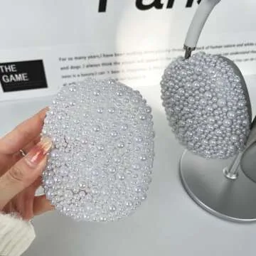 Glitter Pearls Case Cover for AirPods Max Headphones with Cleaner Pen Girls, Soft Handmade Beads TPU Ear Cups/Ear Pad/Headband Case Cover Silicone Protector for Apple Air Pod Max Accessories, White
