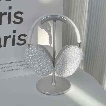 Glitter Pearls Case Cover for AirPods Max Headphones with Cleaner Pen Girls, Soft Handmade Beads TPU Ear Cups/Ear Pad/Headband Case Cover Silicone Protector for Apple Air Pod Max Accessories, White