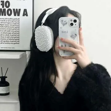 Glitter Pearls Case Cover for AirPods Max Headphones with Cleaner Pen Girls, Soft Handmade Beads TPU Ear Cups/Ear Pad/Headband Case Cover Silicone Protector for Apple Air Pod Max Accessories, White