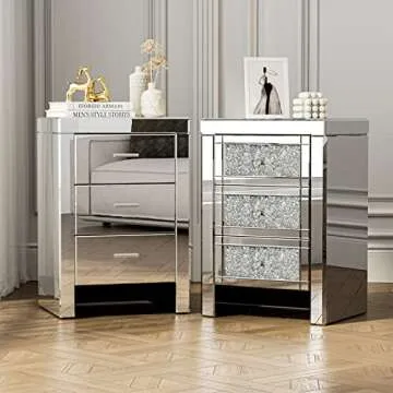 IKIFLY Mirrored End Table Set of 2, Mirror Crystal Accent Side Table w/3 Drawers, Finished Nightstand for Living Room/Bedroom (2pc, Silver&Crystal)