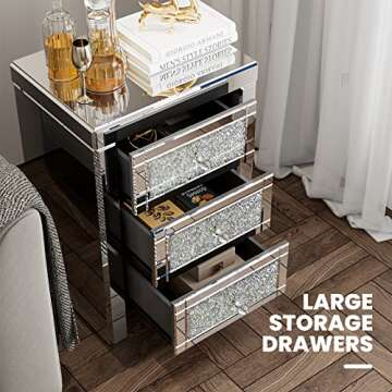 IKIFLY Mirrored End Table Set of 2, Mirror Crystal Accent Side Table w/3 Drawers, Finished Nightstand for Living Room/Bedroom (2pc, Silver&Crystal)