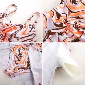 GRACE KARIN Women One Piece Skirt Swimsuit V Neck Tie Back Swimdress Tummy Control Bathing Suits Orange&White Stripes M