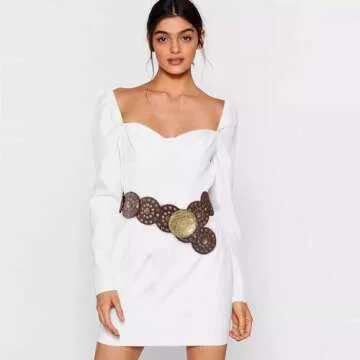 Suyi Wide Disc Belt for Women Leather Hollow Out Round Belts Vintage Western Waist Belt 130CM Brown