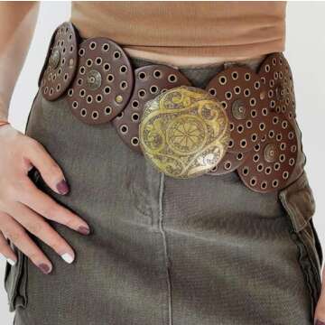 Suyi Wide Disc Belt for Women Leather Hollow Out Round Belts Vintage Western Waist Belt 130CM Brown