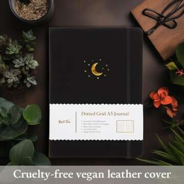 Yop & Tom Bullet Dotted Journal (A5) - Moon and Stars - Dot Grid Notebook With Extra Thick Paper (160 GSM) - Charcoal